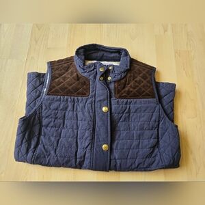 Vineyard Vines Quilted Navy Vest with Brown Suede Shoulders